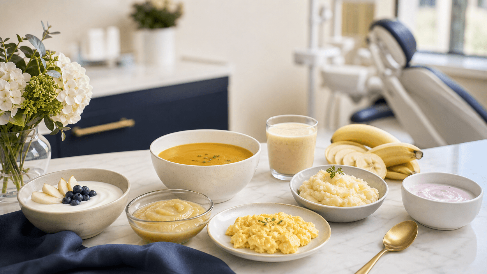 Sélection d’aliments mous adaptés après une chirurgie dentaire