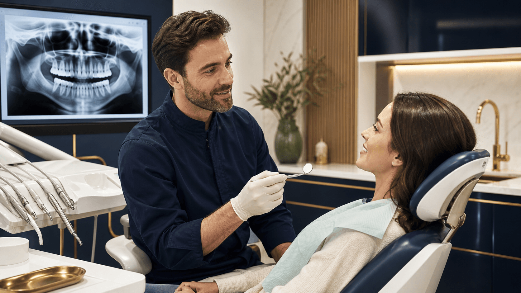 Chirurgien-dentiste réalisant un bilan complet avec une patiente