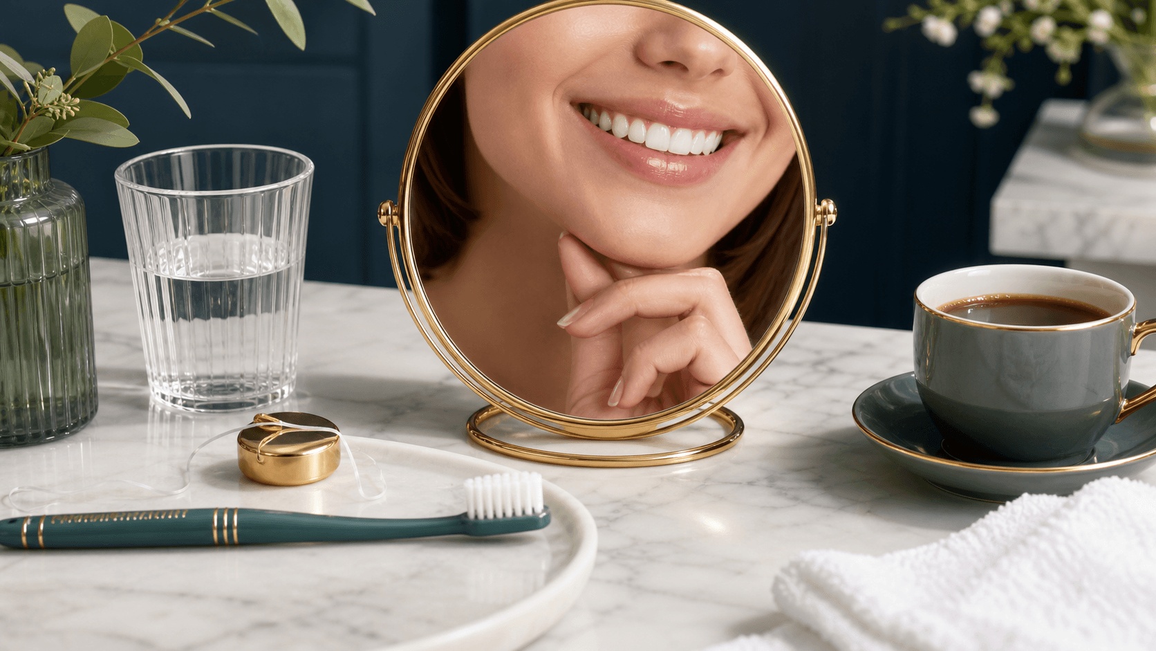 Sourire naturel avec brosse à dents, fil dentaire, eau et café illustrant l’entretien de la teinte