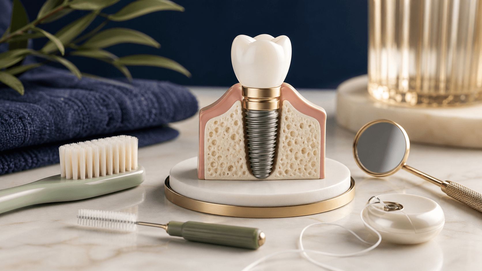 Implant dentaire entouré d’une brosse à dents, d’une brossette interdentaire et de fil dentaire