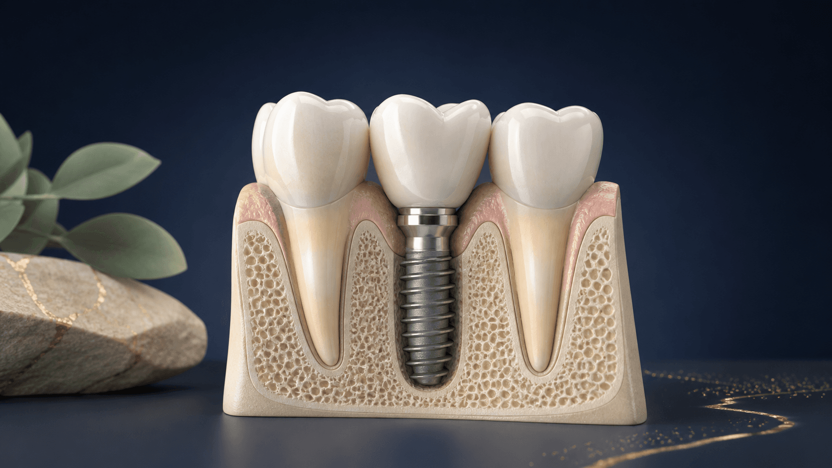 Implant dentaire en titane intégré dans l’os avec sa couronne