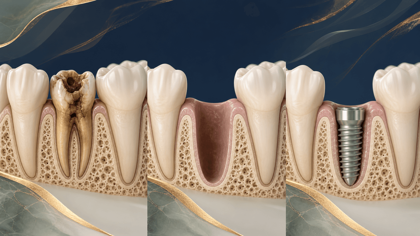 Étapes illustrées d’une extraction suivie de la pose immédiate d’un implant