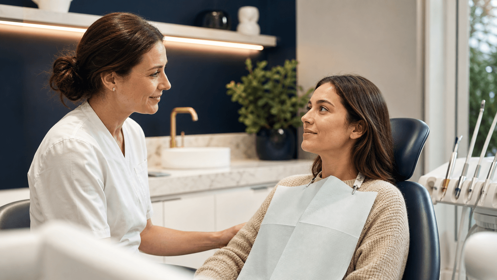 Échange rassurant entre une patiente anxieuse et une professionnelle dentaire