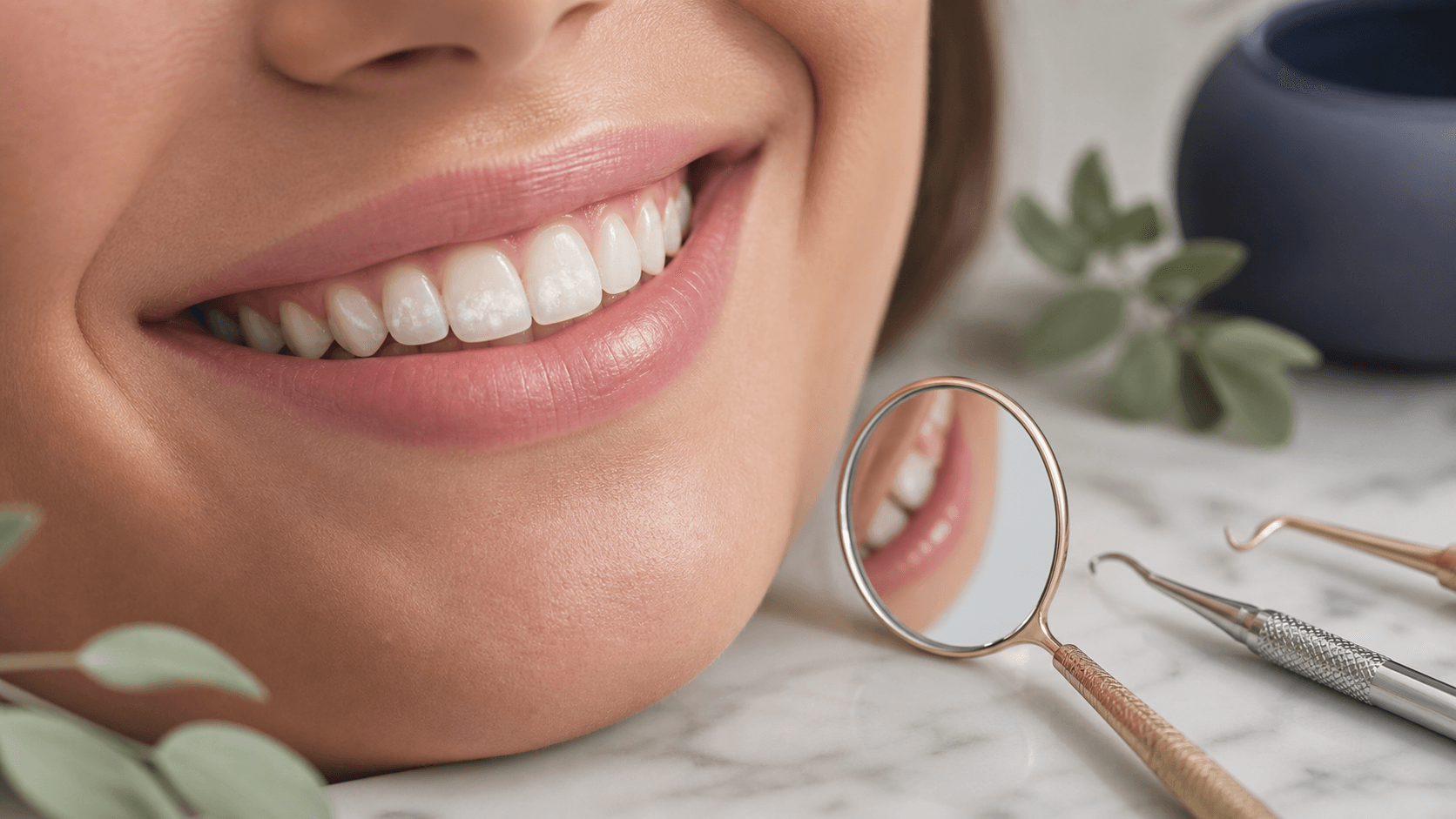 Sourire naturel présentant de discrètes taches blanches examinées par un chirurgien-dentiste